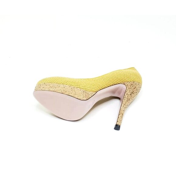 Gucci Bumblebee Woven Cork Platform Pump Stiletto Almond Round Toe Yellow US 7.5 - Picture 6 of 10